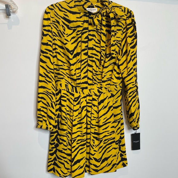SAINT LAURENT L NWT Fr42 Short dress animal print new yellow black long sleeves - Picture 7 of 11